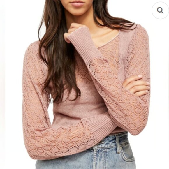 Free People | Croptop Sweater Black Lace Knit Long Sleeve - Picture 8 of 8